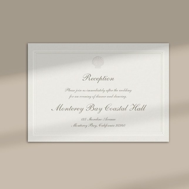 Nautical Coastal Shell Modern Classic Wedding Begleitkarte (modern classic wedding reception details card frame ecru script calligraphy formal traditional )