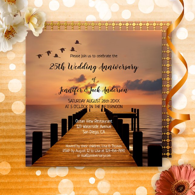 Nautical Coastal Sunset Wedding Jubiläum Einladung (A romantic wedding anniversary invitation featuring a sunset on a jetty at the waterfront)