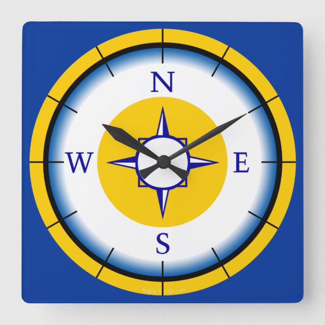 Nautical Compas Blue, White, Gold Wall Clock Quadratische Wanduhr (Vorderseite)