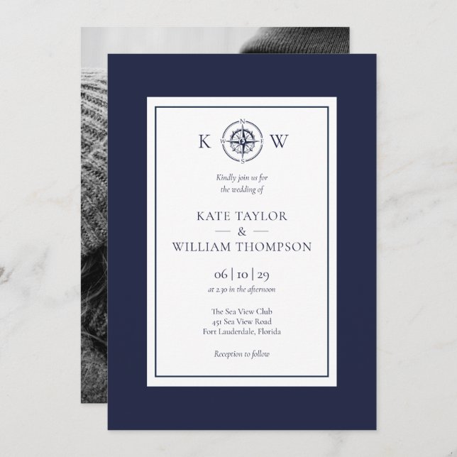 Nautical Compass Navy Blue Monogram Wedding Foto Einladung (Vorne/Hinten)