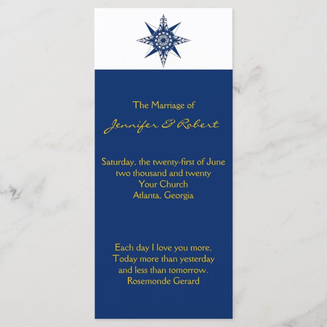 Nautical Compass Navy Yellow Wedding Program Programm (Vorderseite)