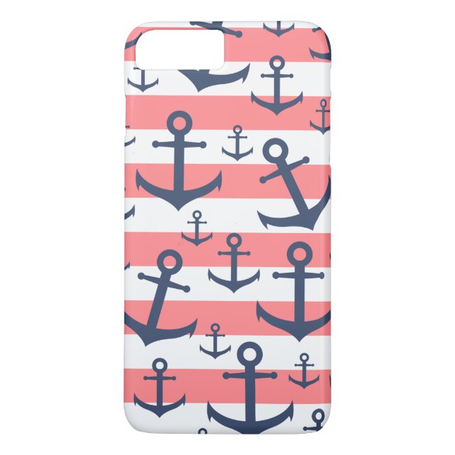 Nautical Coral Strip Marine blaues Ankermuster Case-Mate iPhone Hülle (Rückseite)