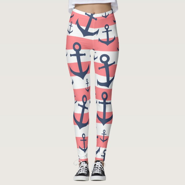 Nautical Coral Strip Marine blaues Ankermuster Leggings (Vorderseite)