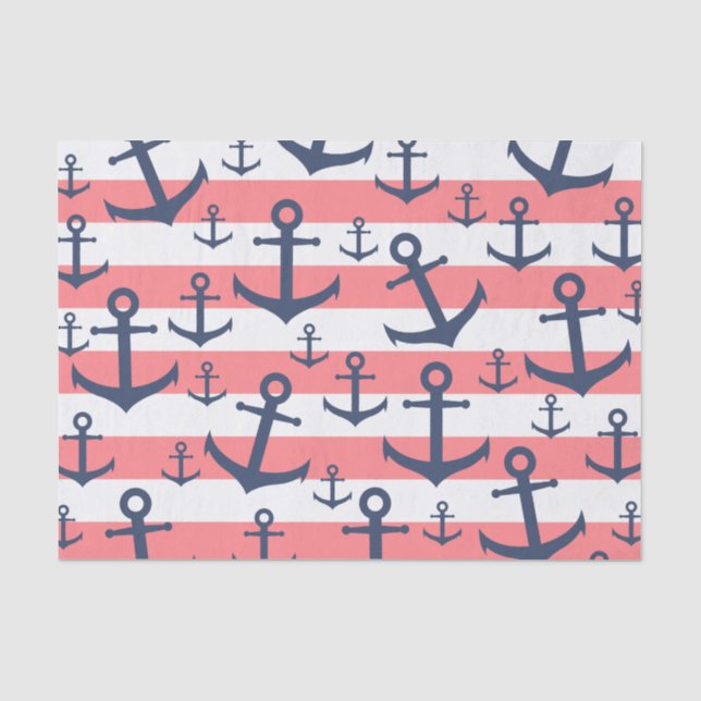 Nautical Coral Strip Marine blaues Ankermuster Seidenpapier (Vorderseite)