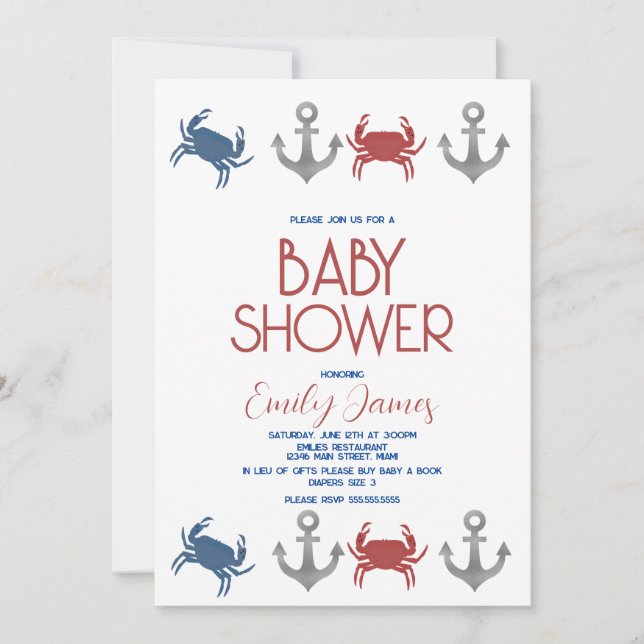 Nautical Crab Anchor Beach Baby Dusche Einladung (Vorderseite)