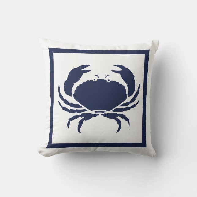 Nautical CRAB Navy Blue im Freien auf weiß Kissen (Vorderseite)