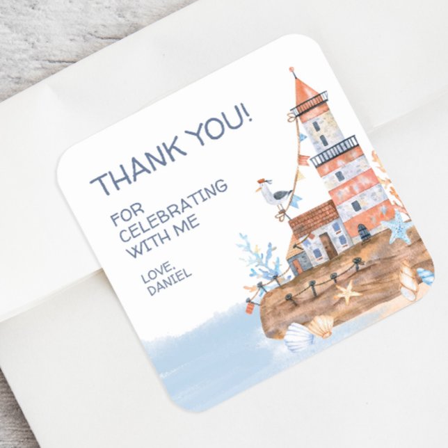 Nautical Custom Lighthouse Quadratischer Aufkleber (Personalized nautical party thank you sticker)