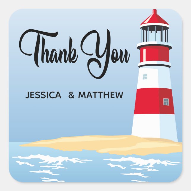 Nautical danke Ihnen Lighthouse Beach Summer Weddi Quadratischer Aufkleber (Vorderseite)
