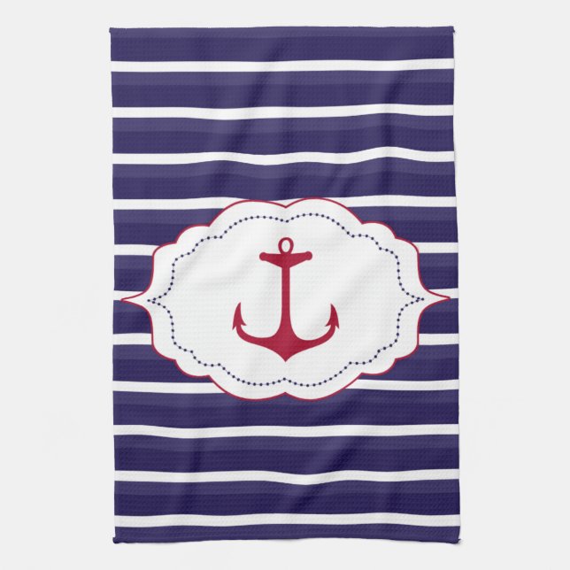 Nautical Dark Blue White Stripes Red Anchor Küchentuch (Vertikal)