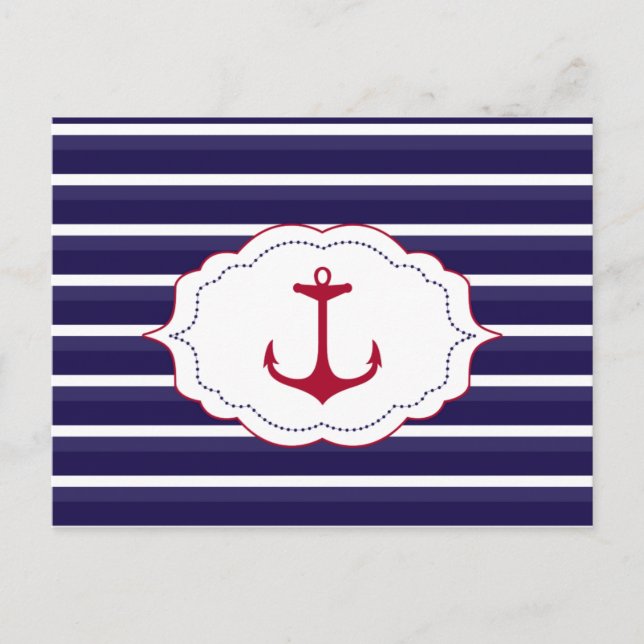 Nautical Dark Blue White Stripes Red Anchor Postkarte (Vorderseite)