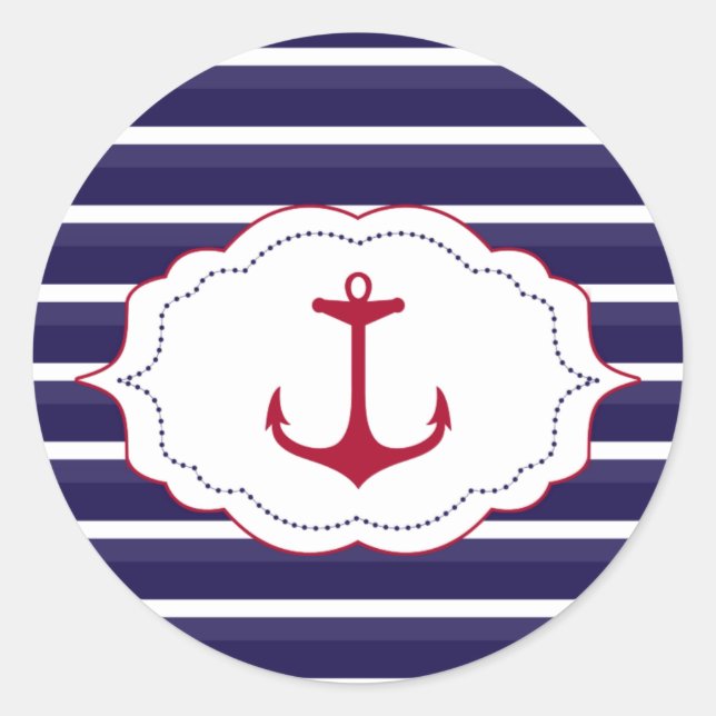 Nautical Dark Blue White Stripes Red Anchor Runder Aufkleber (Vorderseite)