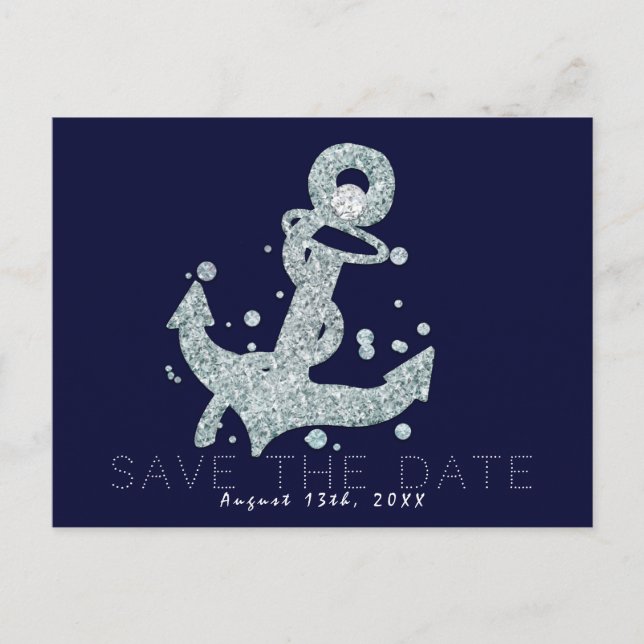 Nautical Diamond Anchor Bling Glam Save the Date Ankündigungspostkarte (Vorderseite)