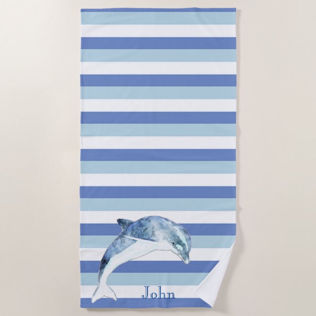 Nautical Dolphin Navy Blue Strip Strandtuch (Vorderseite)