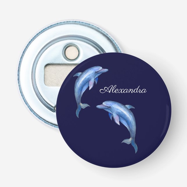 Nautical Dolphin Watercolor Navy Blue Coastal Flaschenöffner (Vorderseite)