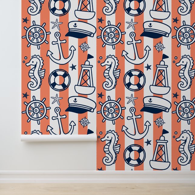 Nautical Doodles – Coral & Navy Coastal Stripe Tapete (Anwendung)