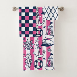 Nautical Doodles – Hot Pink & Navy Coastal Stripe Badhandtuch Set