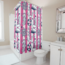 Nautical Doodles – Hot Pink & Navy Coastal Stripe Duschvorhang