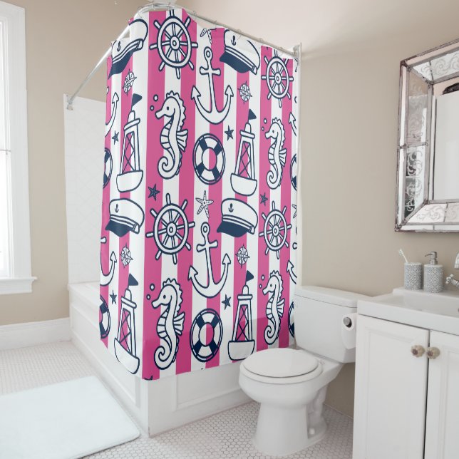 Nautical Doodles – Hot Pink & Navy Coastal Stripe Duschvorhang (Beispiel)