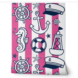 Nautical Doodles – Hot Pink & Navy Coastal Stripe Tapete