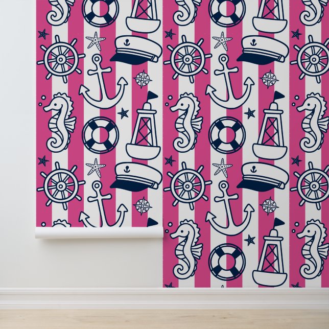 Nautical Doodles – Hot Pink & Navy Coastal Stripe Tapete (Anwendung)