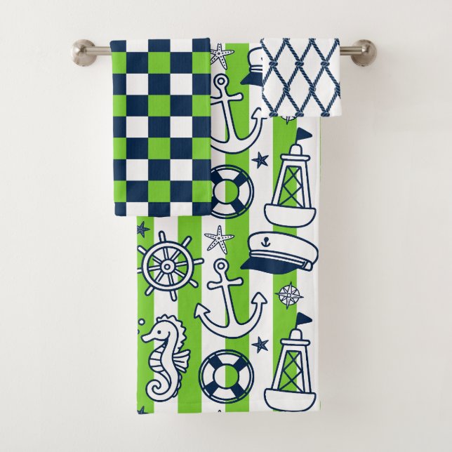 Nautical Doodles – Lime & Navy Coastal Stripe Badhandtuch Set (Insitu)