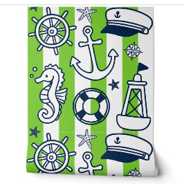Nautical Doodles – Lime & Navy Coastal Stripe Tapete