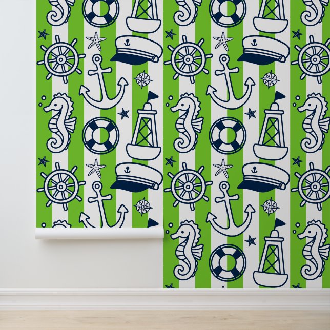 Nautical Doodles – Lime & Navy Coastal Stripe Tapete (Anwendung)
