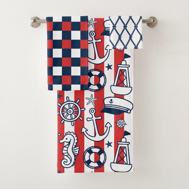 Nautical Doodles – Red & Navy Coastal Stripe Badhandtuch Set (Insitu)