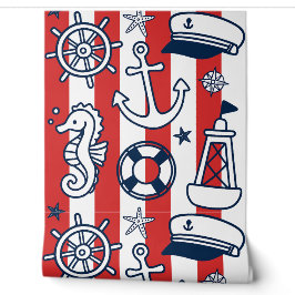 Nautical Doodles – Red & Navy Coastal Stripe Tapete