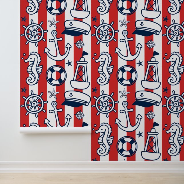 Nautical Doodles – Red & Navy Coastal Stripe Tapete (Anwendung)