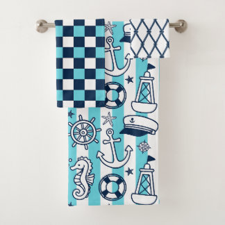 Nautical Doodles – Türkis & Marineblaue Küstenstre Badhandtuch Set