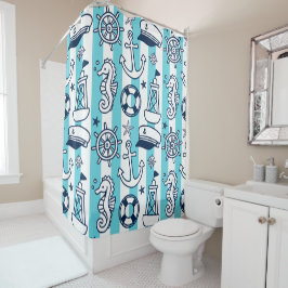 Nautical Doodles – Turquoise & Navy Coastal Stripe Duschvorhang