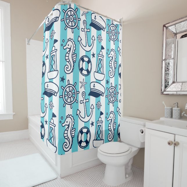 Nautical Doodles – Turquoise & Navy Coastal Stripe Duschvorhang (Beispiel)