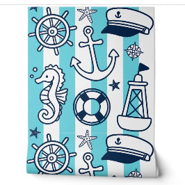Nautical Doodles – Turquoise & Navy Coastal Stripe Tapete