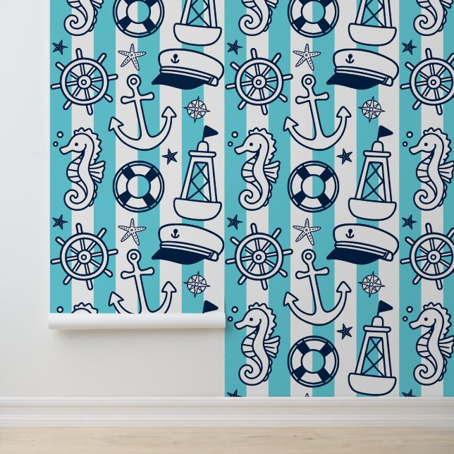 Nautical Doodles – Turquoise & Navy Coastal Stripe Tapete (Anwendung)