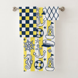Nautical Doodles – Yellow & Navy Coastal Stripe Badhandtuch Set
