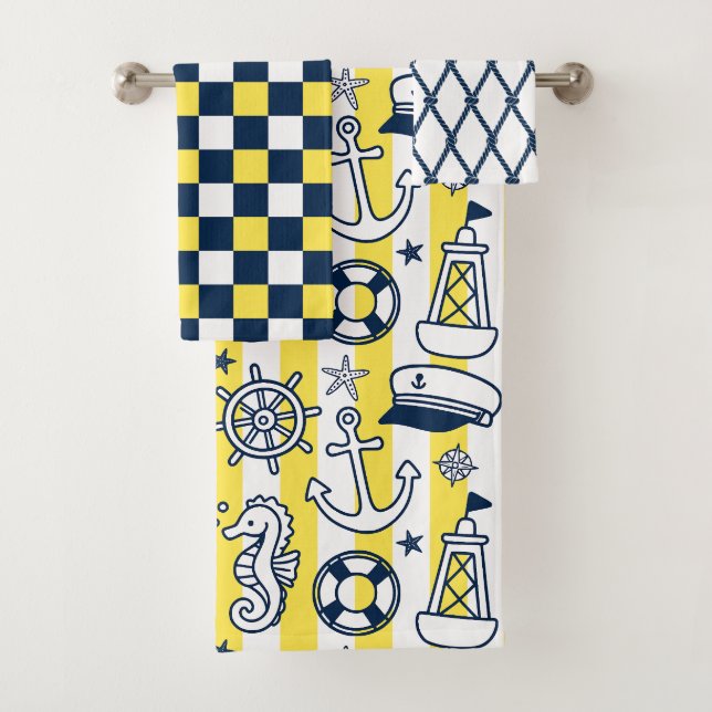 Nautical Doodles – Yellow & Navy Coastal Stripe Badhandtuch Set (Insitu)