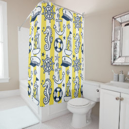 Nautical Doodles – Yellow & Navy Coastal Stripe Duschvorhang