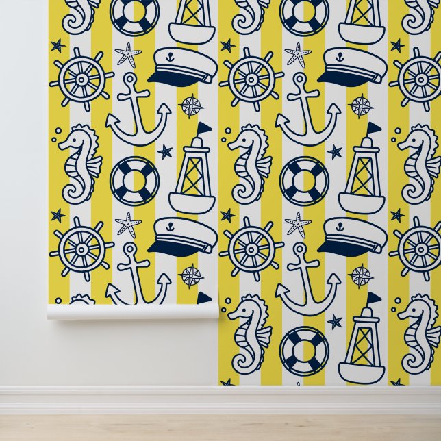 Nautical Doodles – Yellow & Navy Coastal Stripe Tapete (Anwendung)
