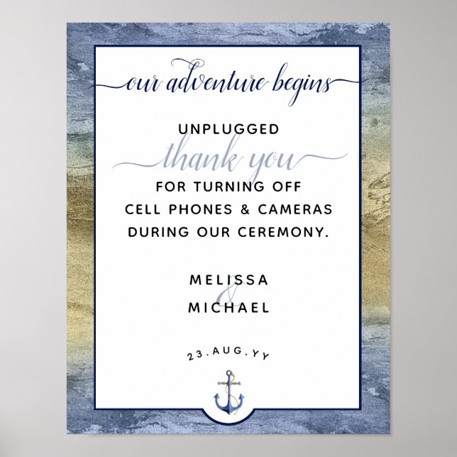 Nautical Dusty Blue & Gold #Wedding Sign Poster (Vorne)