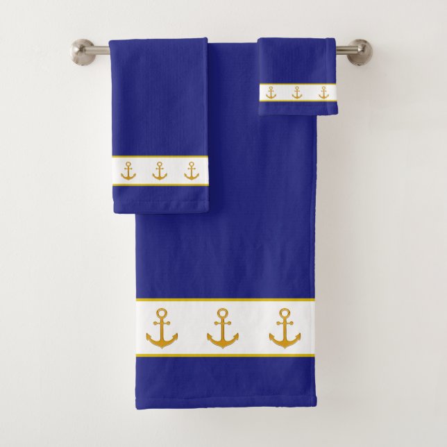 Nautical, Elegant, Golden Anchors on White & Blue Badhandtuch Set (Insitu)