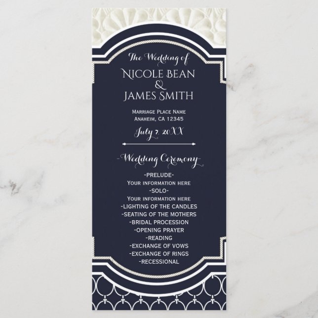 Nautical Elegant Navy White Beach Hochzeitsprogram Programm (Vorderseite)