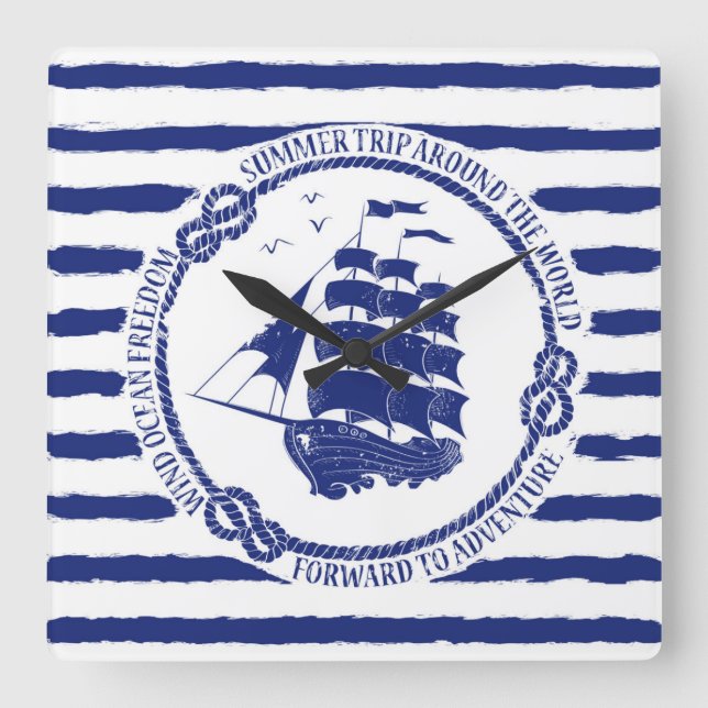 Nautical Emblem With Sailing Ship Quadratische Wanduhr (Vorderseite)
