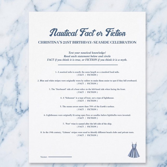Nautical Fact or Fiction Birthday Party Game Sheet (Stripes sea and summer fun.)