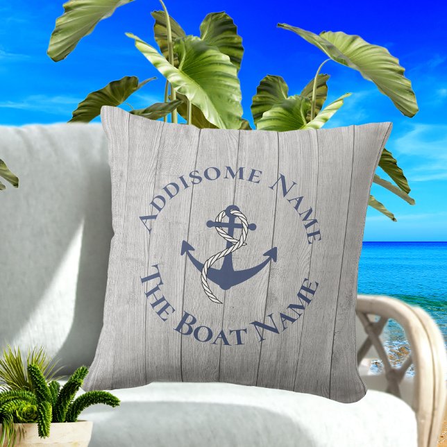 Nautical Family Boat Name Navy Anchor graues Holz Kissen (Von Creator hochgeladen)