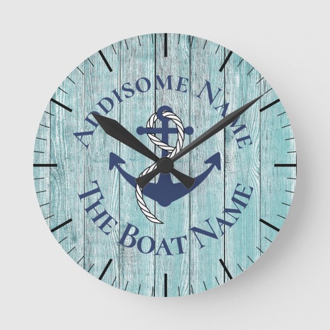Nautical Family Boat Name Navy Anchor graues Holz Runde Wanduhr (Vorderseite)