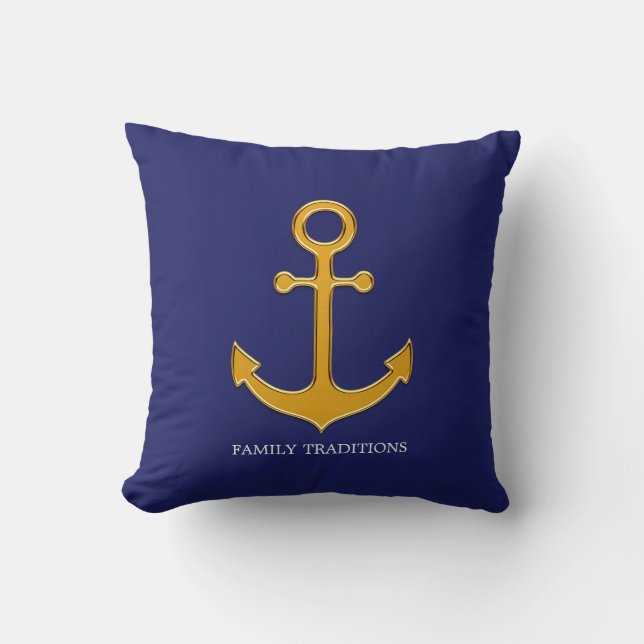 Nautical Family Gold Anker auf blau Kissen (Vorderseite)