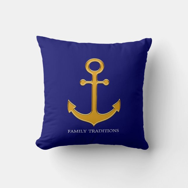 Nautical Family Gold Anker auf Navy Blue Kissen (Vorderseite)