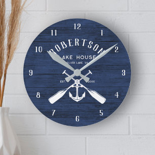 Nautical Family Lake House Anchor Navy Blue Wood Runde Wanduhr