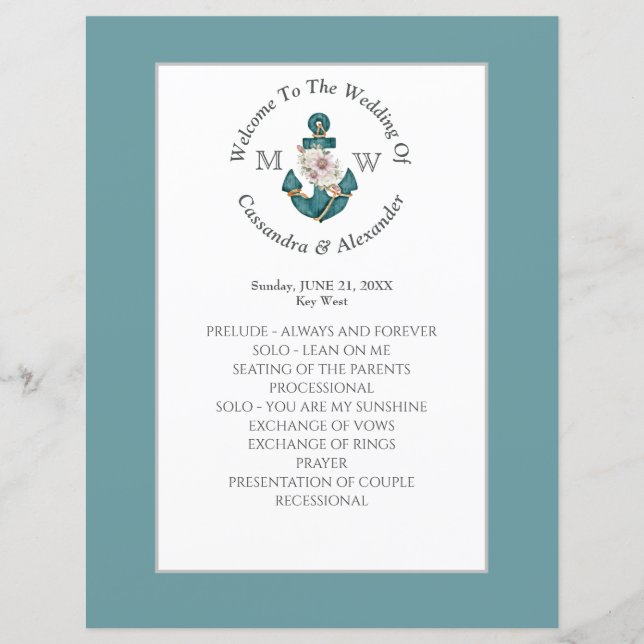 Nautical Floral Anchor Aquamarin Blue Wedding Prog (Vorderseite)
